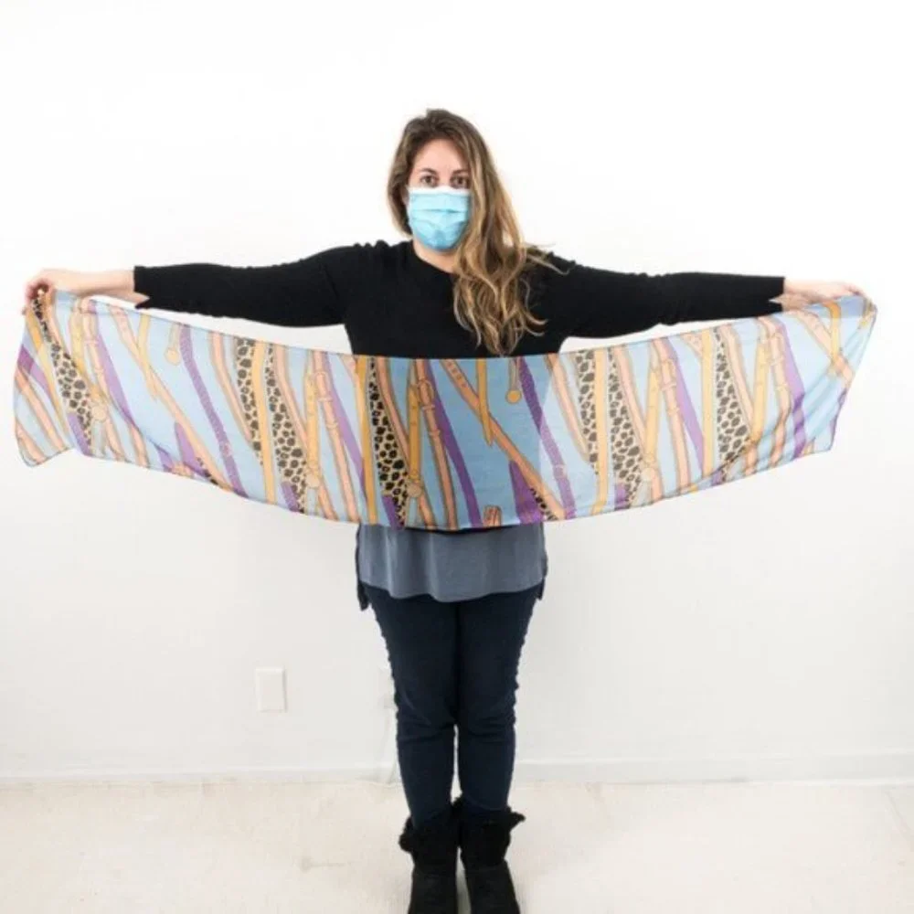 Vintage Scarf 80s 90s OS Silk Chiffon Fashion Graphic Print Blue - Picture 11 of 12